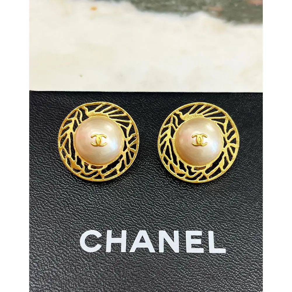 Chanel Gold Tone Faux Pearl Clip on Earrings