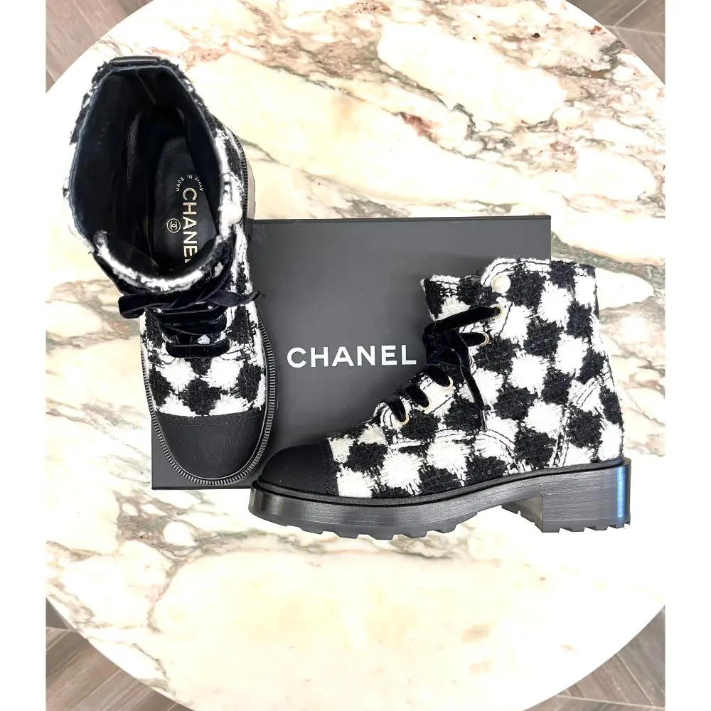 Chanel tweed combat boots