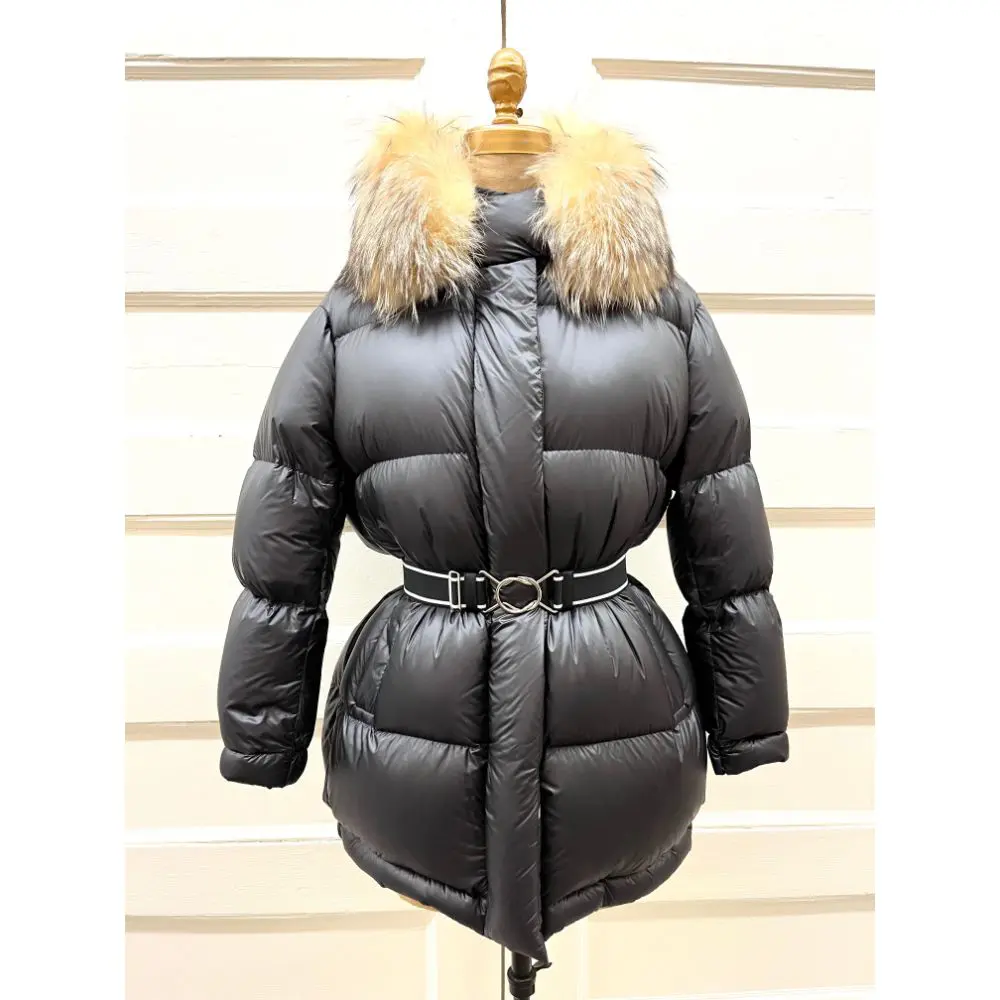 Prada black puffer coat with fox collar