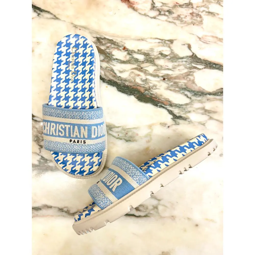 Dior Dway slides in blue & white houndstooth ~ sz 37.5