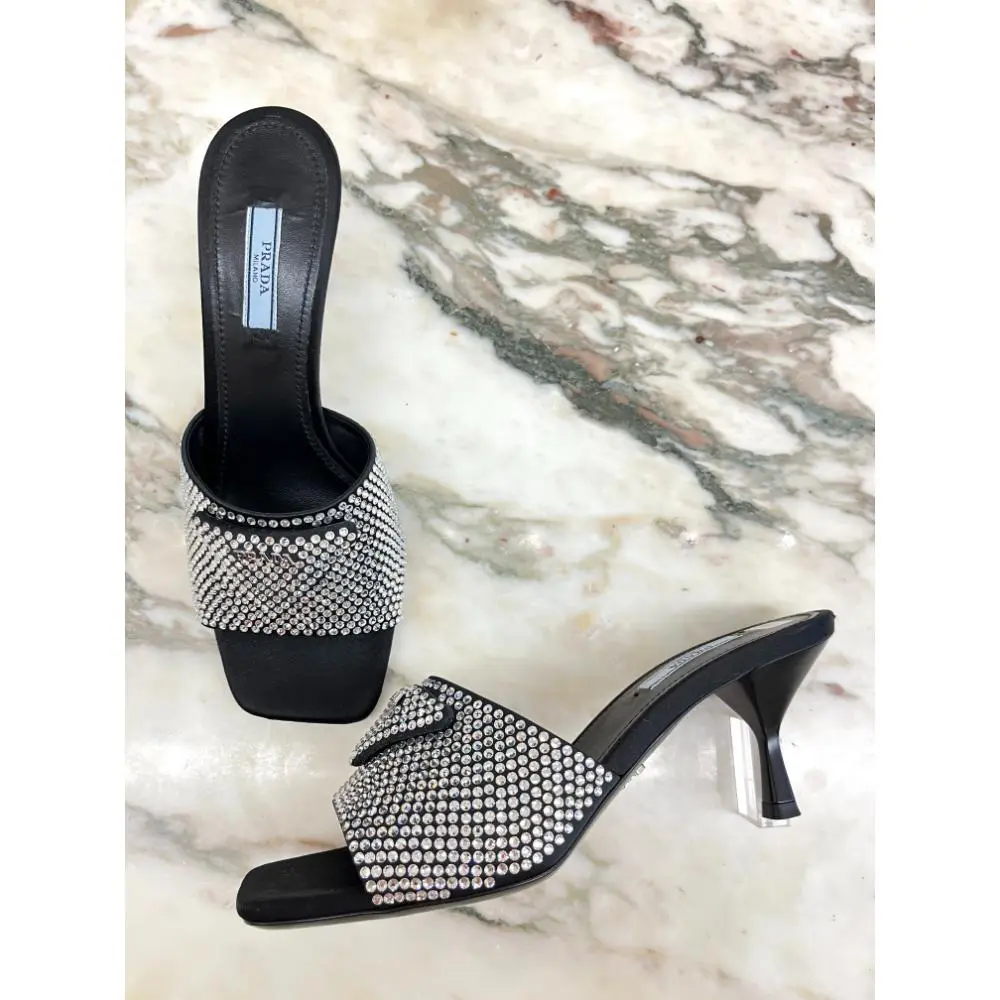 Prada satin slides with silver crystals ~ sz 37.5