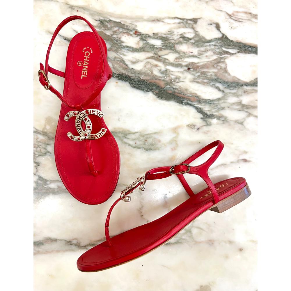 Chanel leather thong sandals with gem and metal CC's