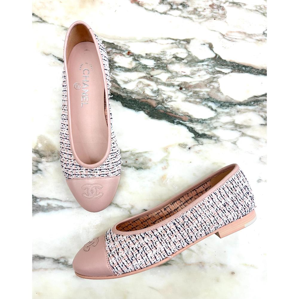 Chanel tweed ballet flats with leather toe cap