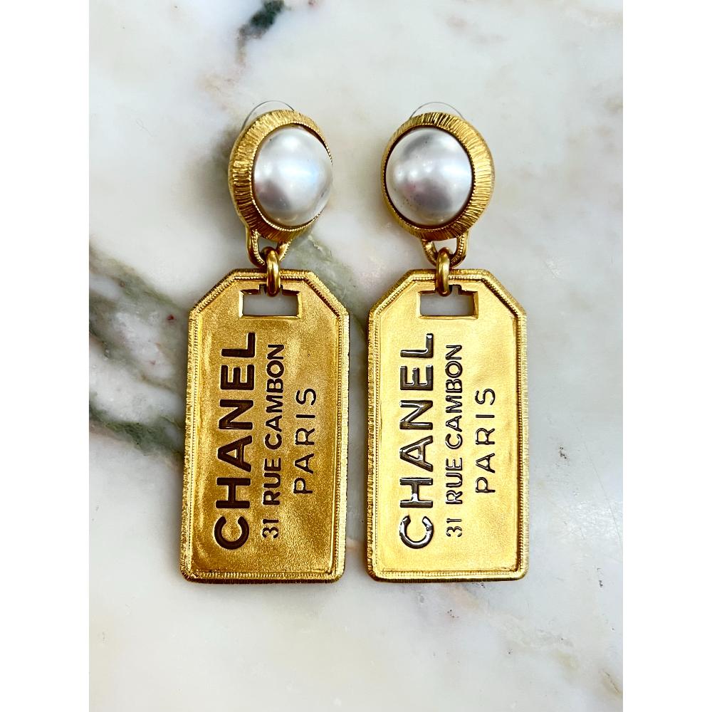 Chanel 2020 Rue Cambon tag & pearl drop earrings