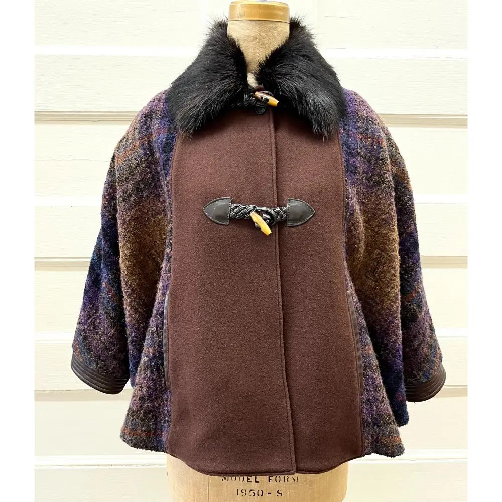 Etro wool poncho cape with fox collar