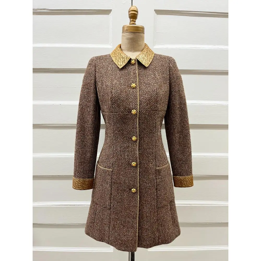 Chanel 1996 tweed 3/4 length coat with gold trim