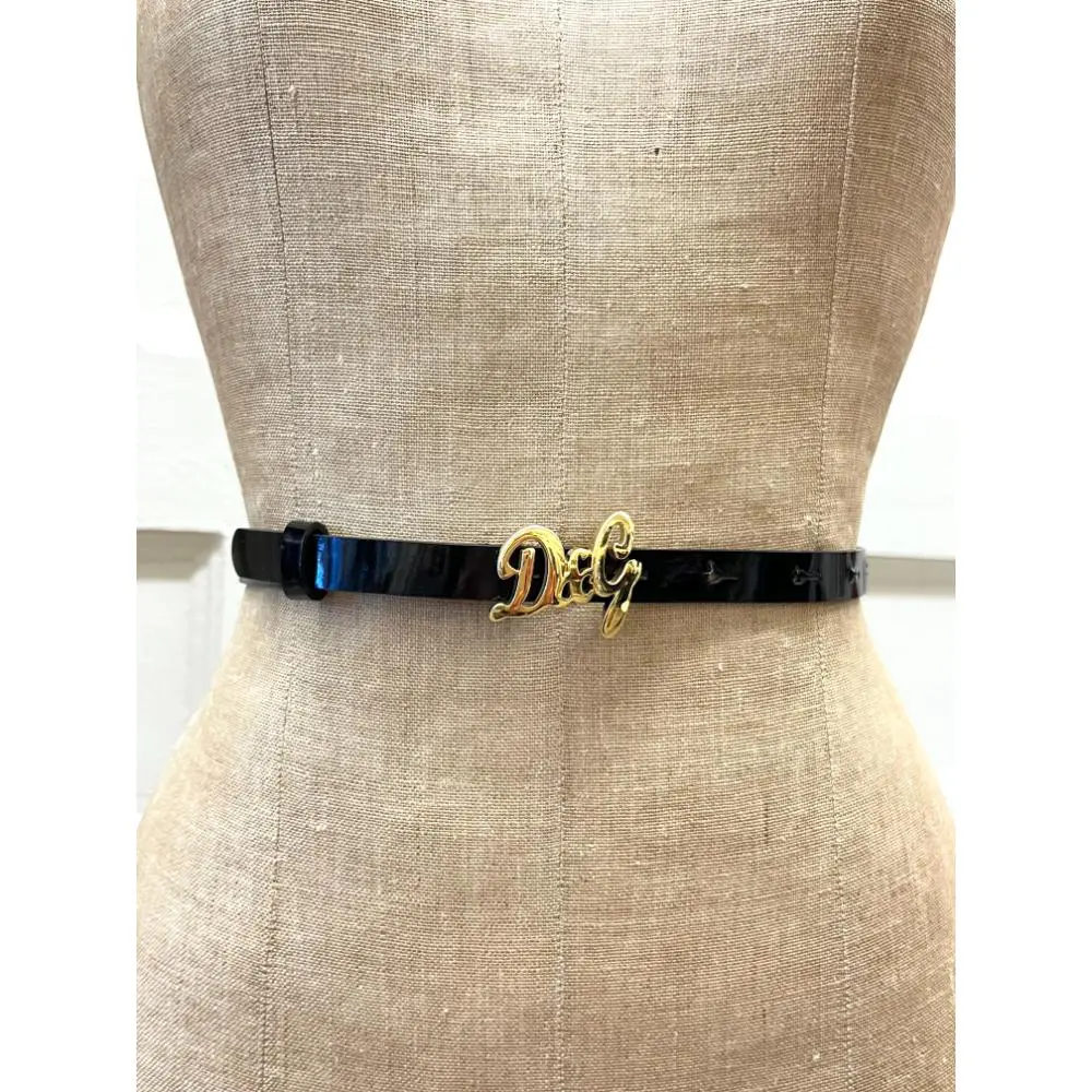 Dolce & Gabbana thin patent leather belt w/ gold logo buckle