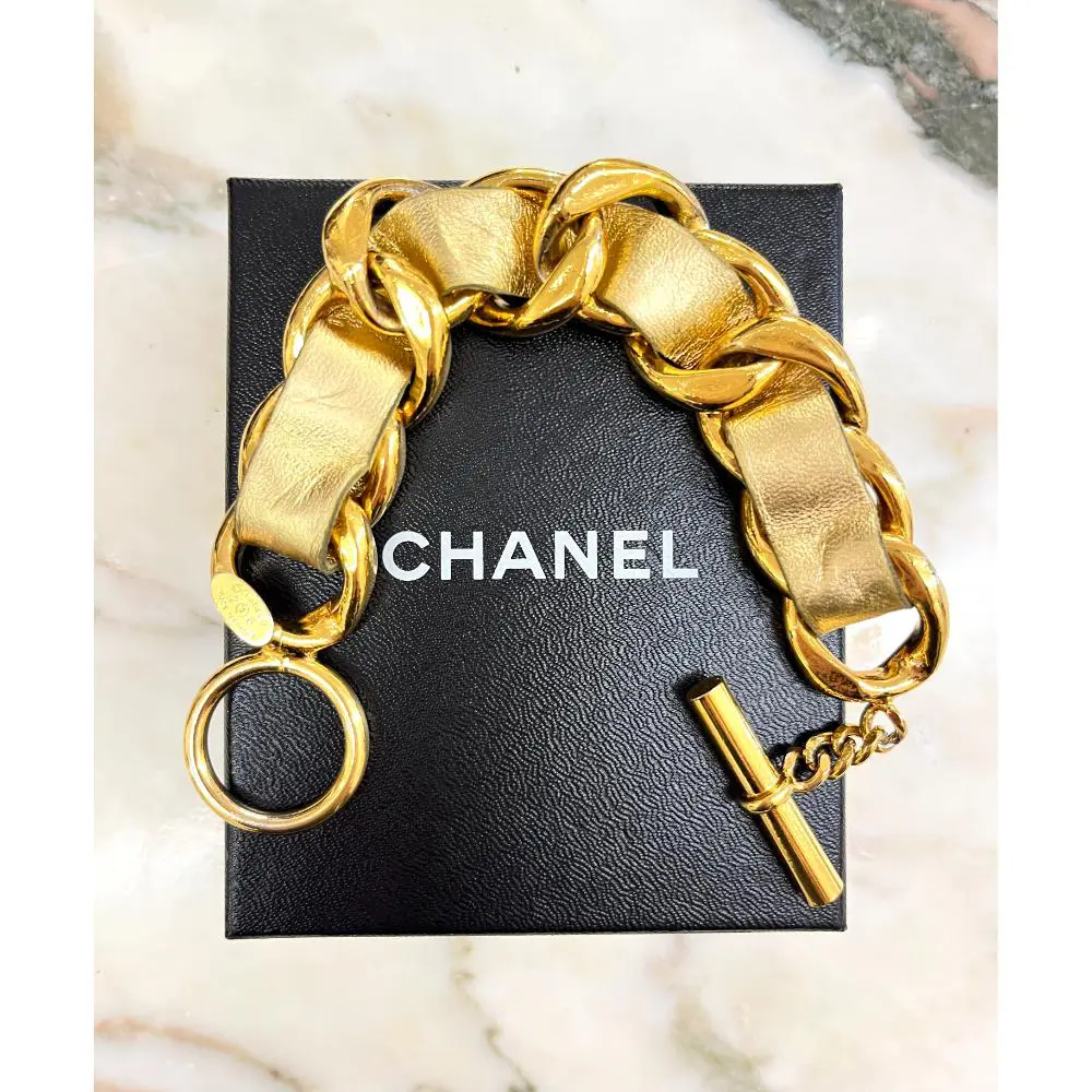 Chanel 1980's large chain link bracelet w/ gold leather