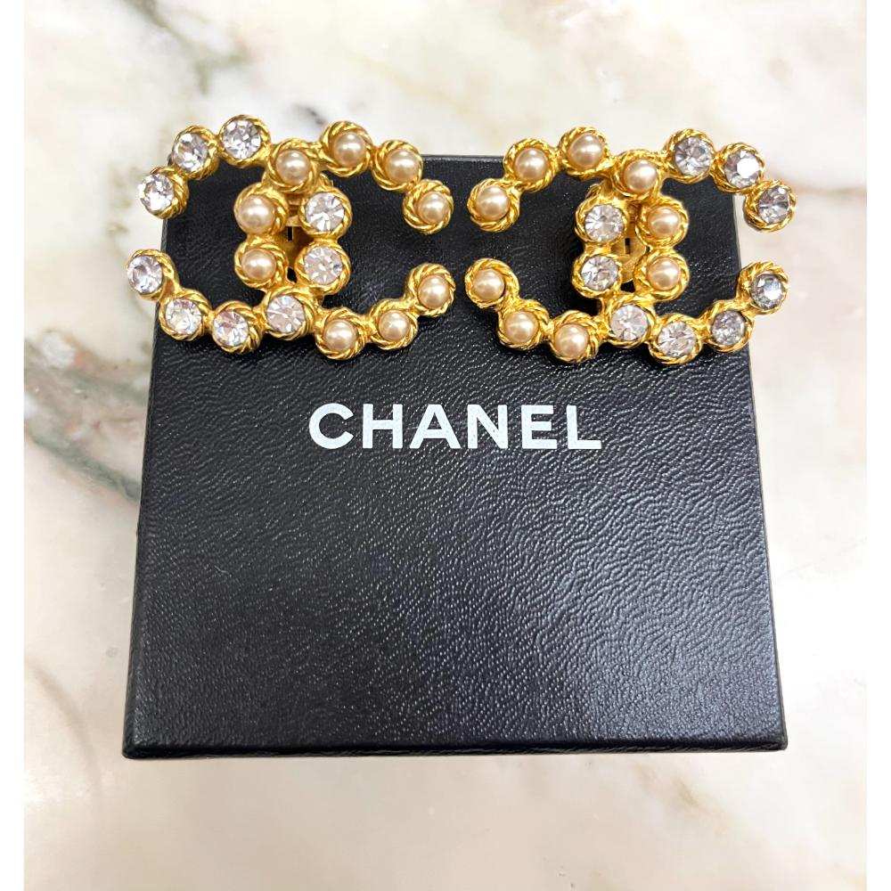 Chanel 1980's pearl and crystal CC logo earrings