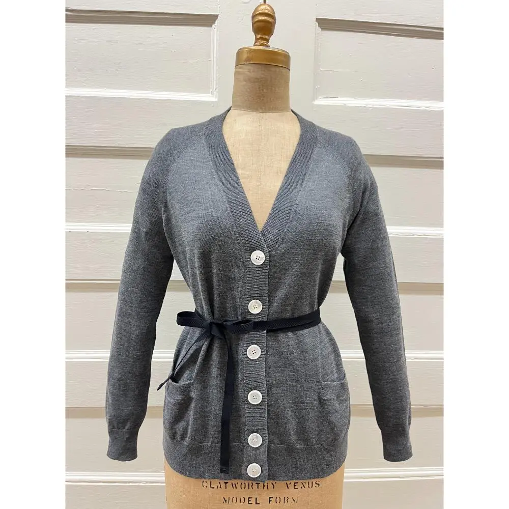 Prada grey wool tie waist cardigan