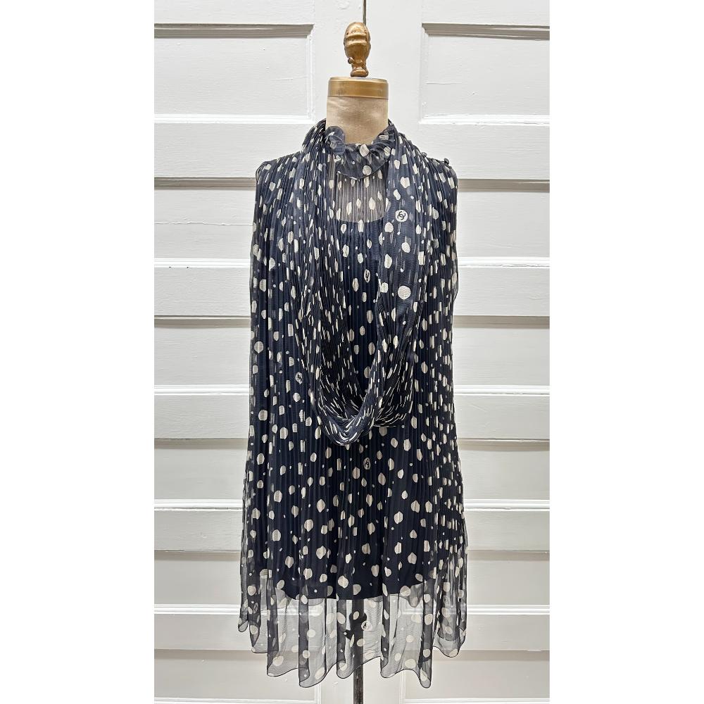 Chanel 2000 polka dot pleated chiffon dress w/ scarf