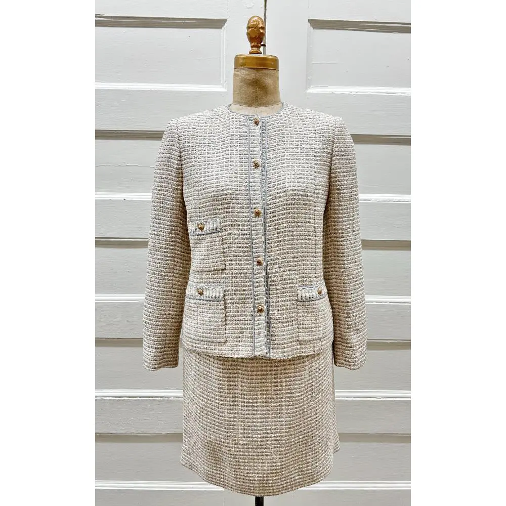 Chanel 1970's ivory & pale blue tweed suit