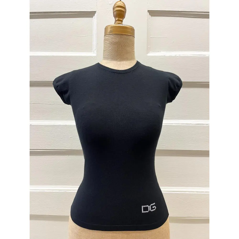 Dolce & Gabbana black knit cap sleeve top w/ crystal logo