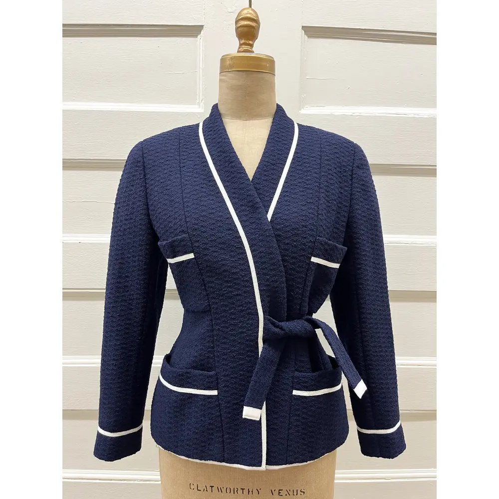 Chanel navy jacket w/ white trim and belt tie closure