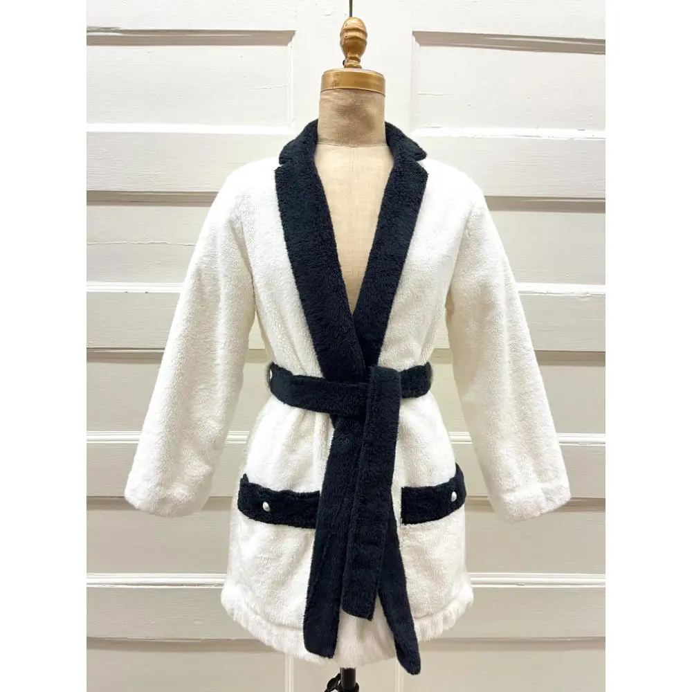 Chanel short terrycloth robe in white w/ black trim