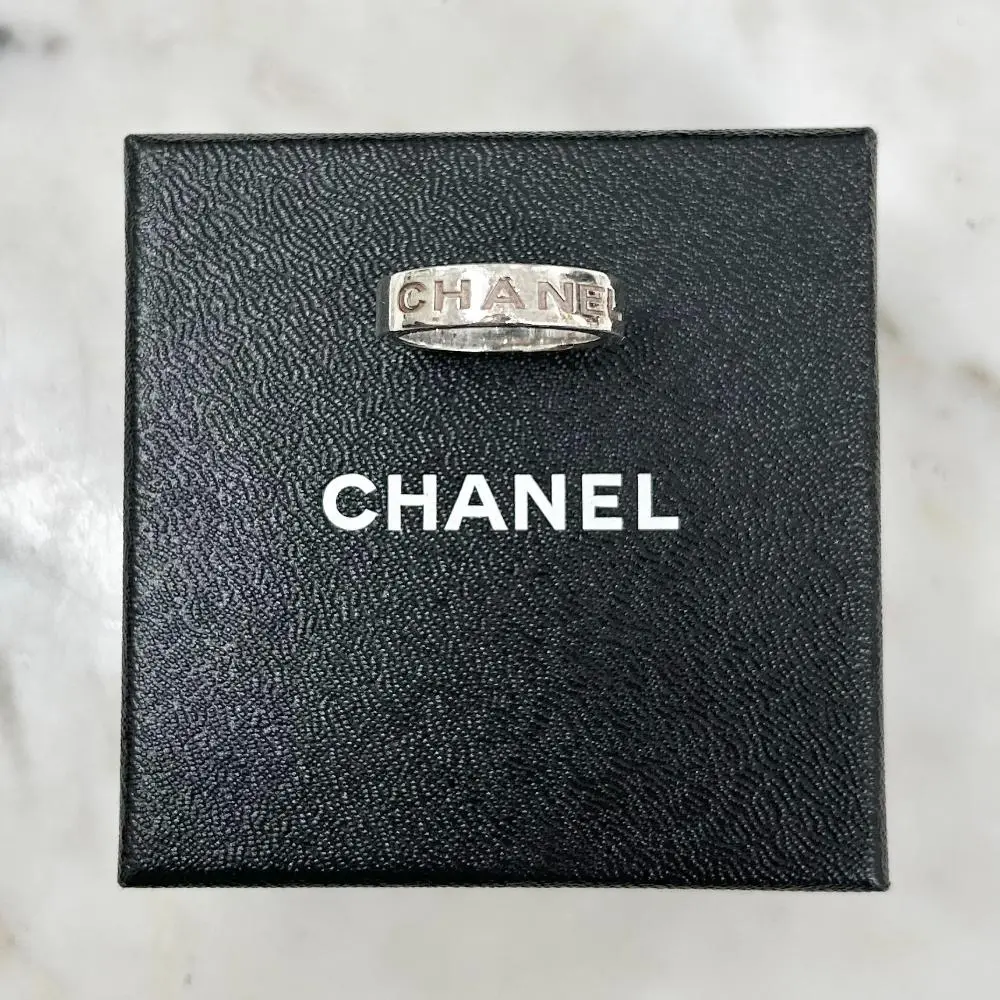 Chanel silver debossed logo ring