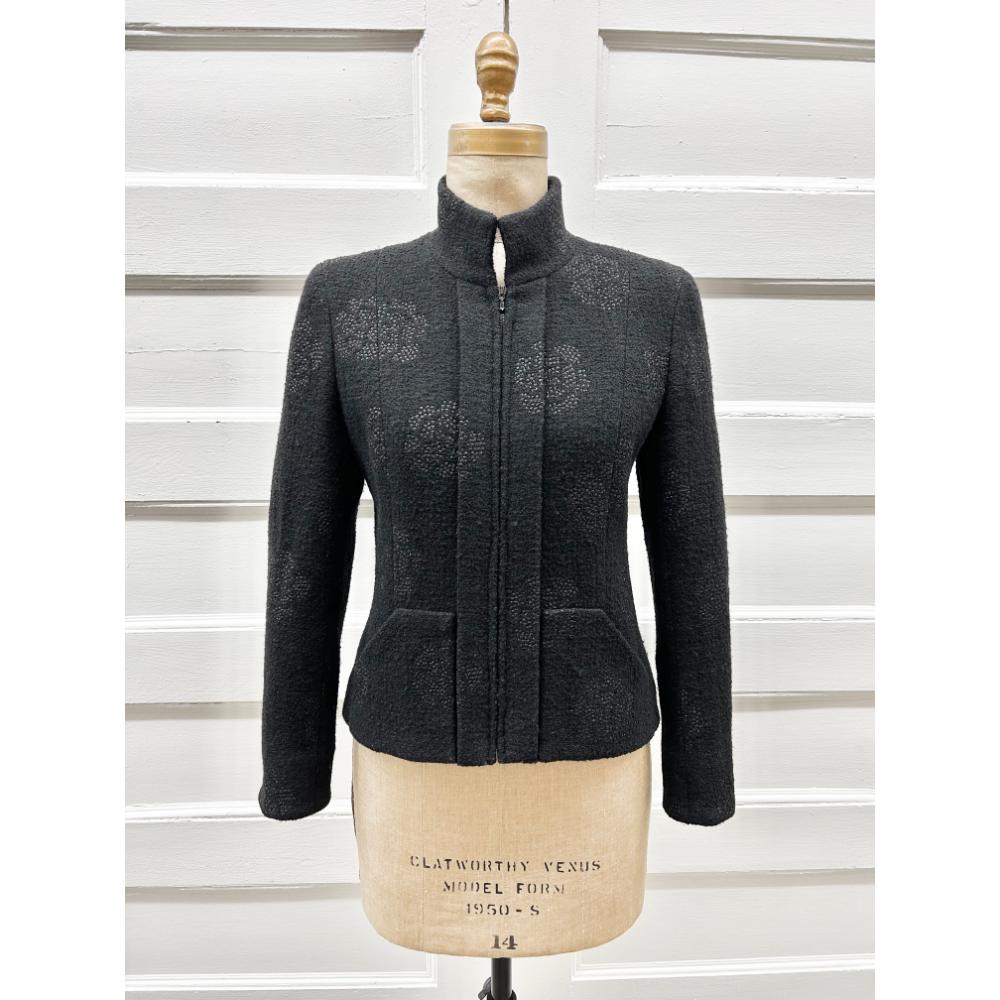 Chanel 2003 black wool jacket w/ lurex camellia print