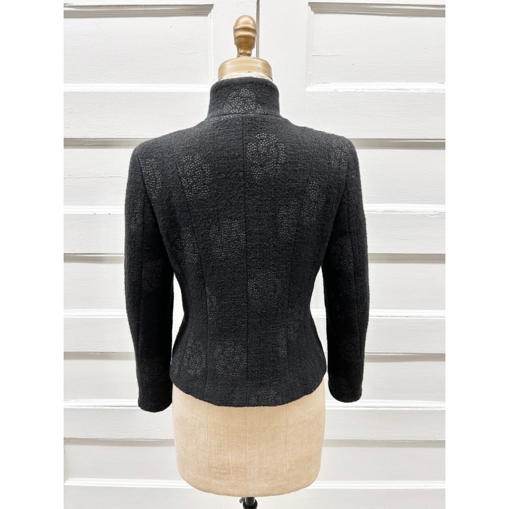 Chanel 2003 black wool jacket w/ lurex camellia print