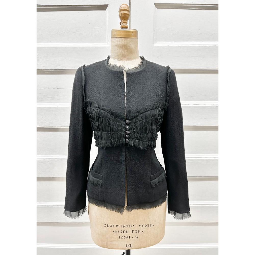 Chanel 2004 black jacket w/ silk chiffon trim