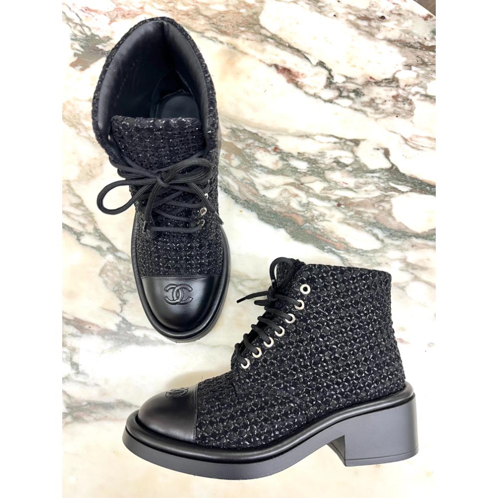 Chanel tweed combat boots with CC logo toe ~ sz 37.5