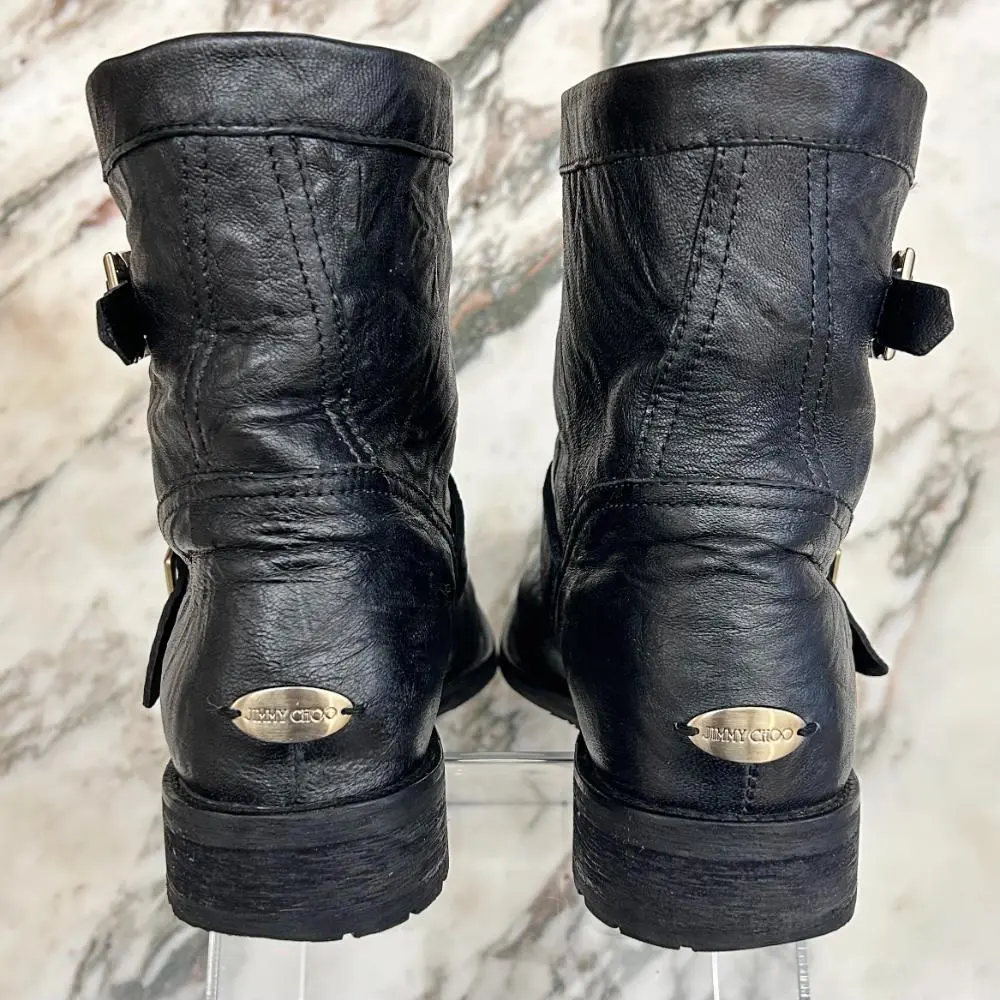 Jimmy Choo black crinkle leather biker boots ~ sz 41