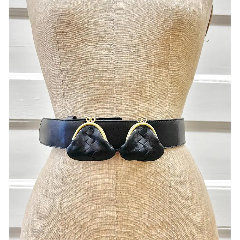 Bottega Veneta black leather belt w/ coin purses