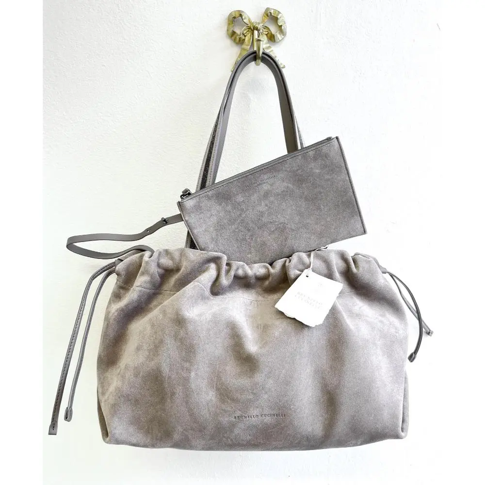 Brunello Cucinelli grey suede shoulder bag