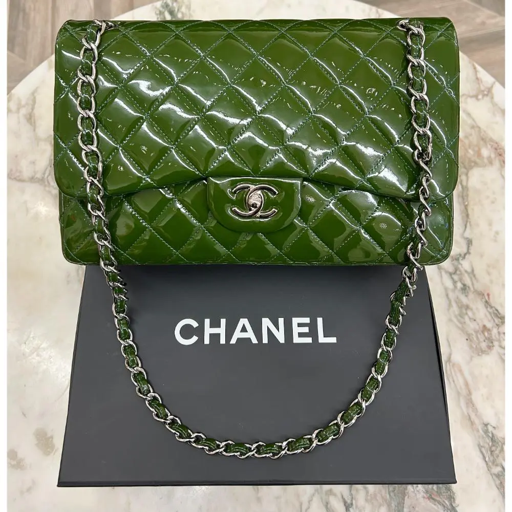 Chanel 2011 olive green patent jumbo double flap bag