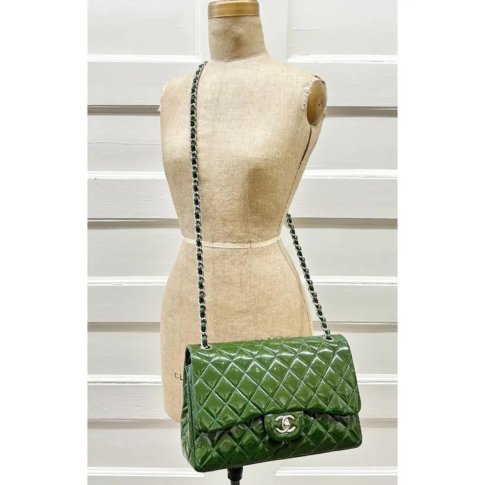 Chanel 2011 olive green patent jumbo double flap bag