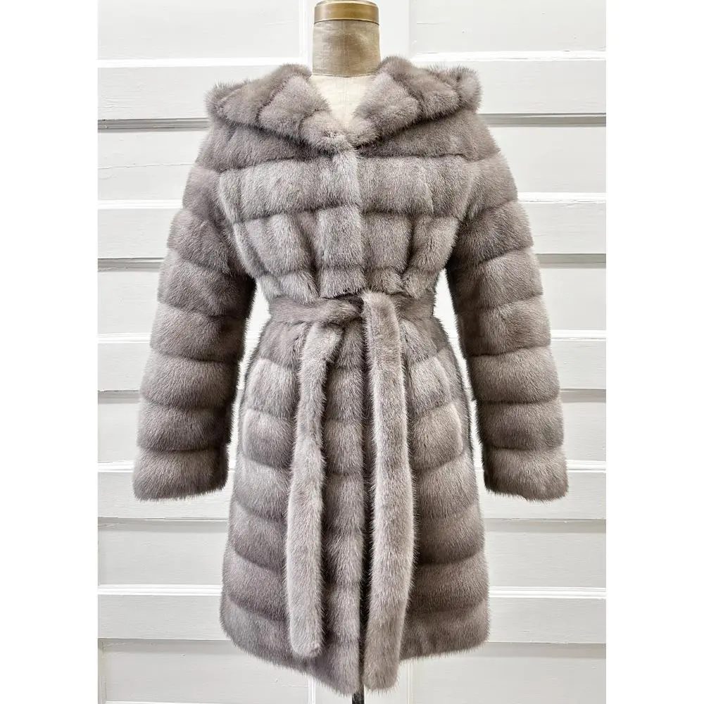 Pearl grey hooded mink fur coat w/ waist tie