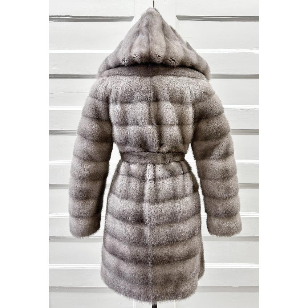 Pearl grey hooded mink fur coat w/ waist tie