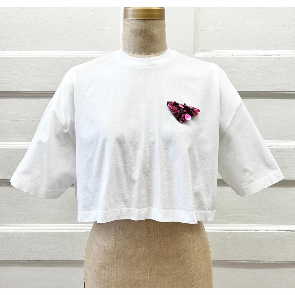 Prada white cropped t-shirt w/ pink sequin logo