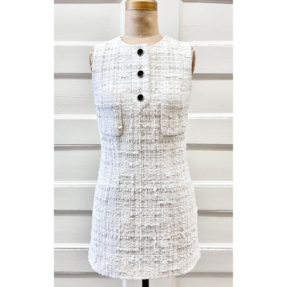 Chanel ivory tweed dress w/ black velvet buttons