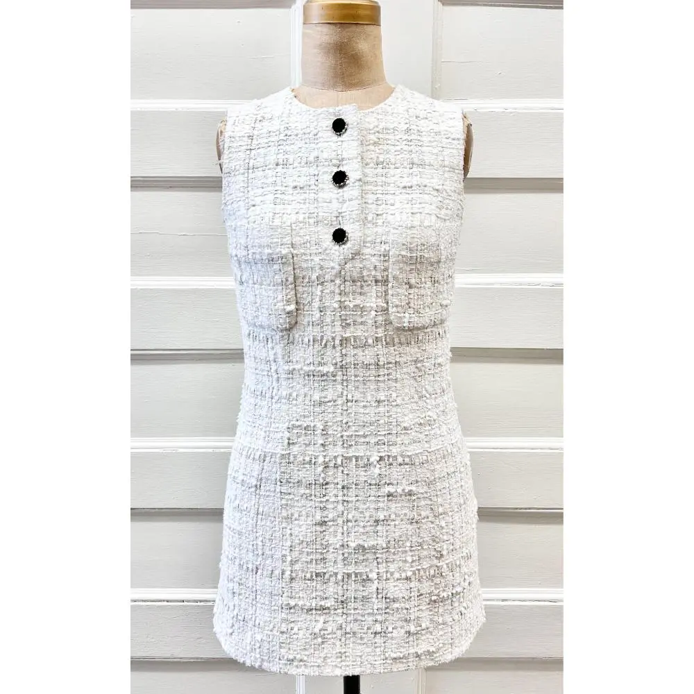 Chanel ivory tweed dress w/ black velvet buttons