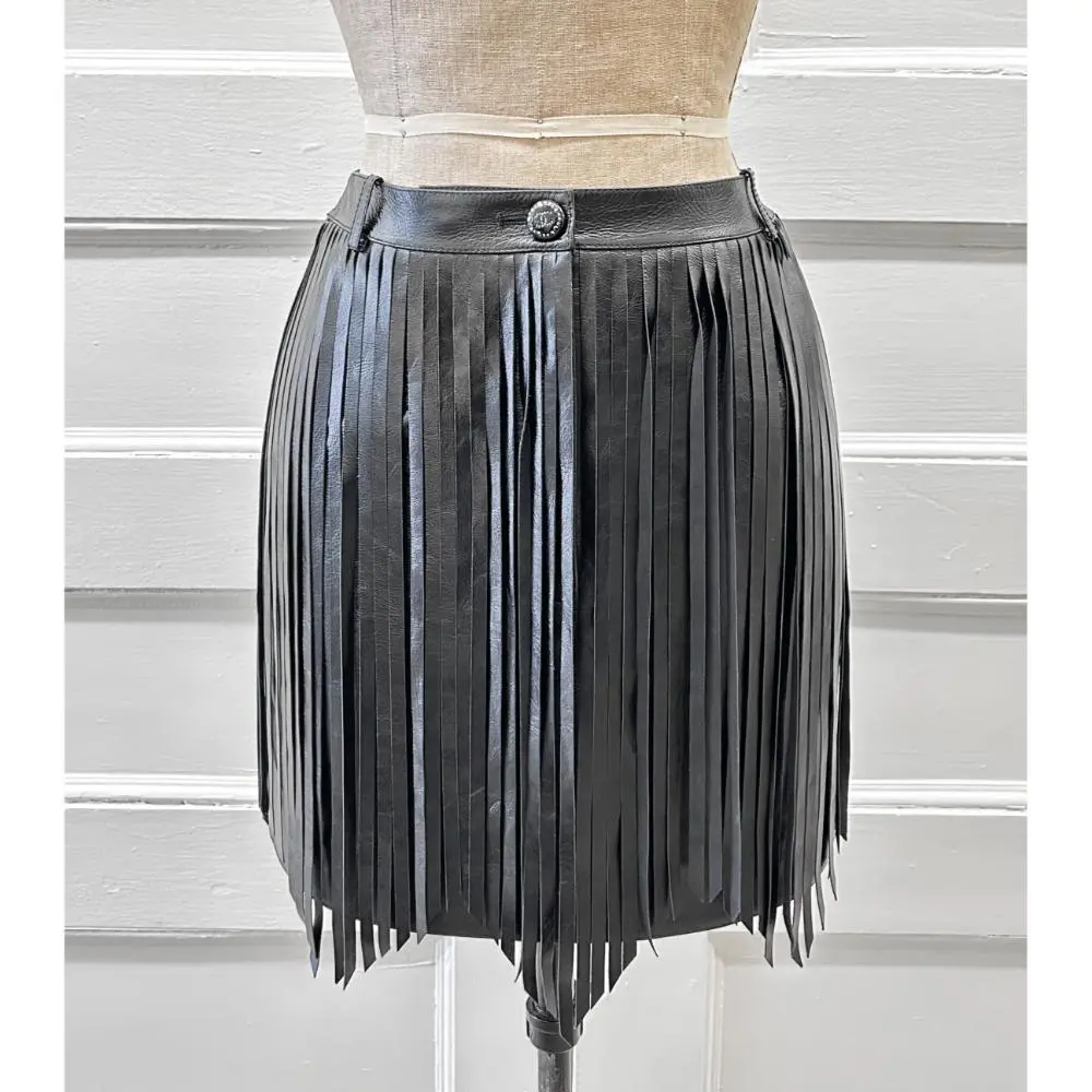 Chanel 2022 black leather fringe mini skirt