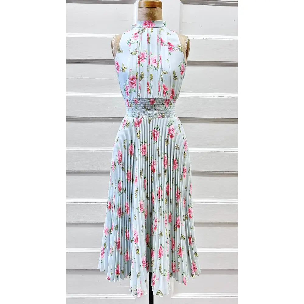 Prada light blue floral print pleated midi dress