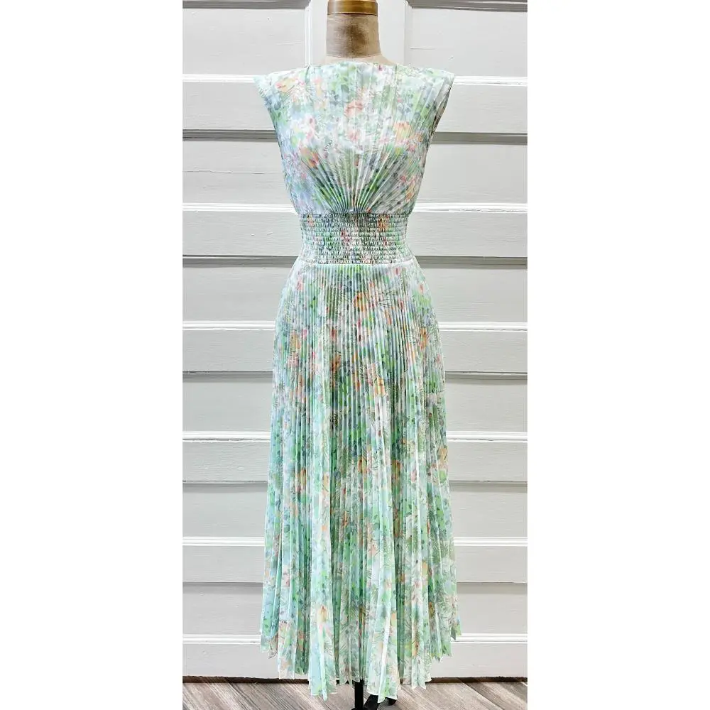 Prada green floral print Crepe De Chine pleated maxi dress