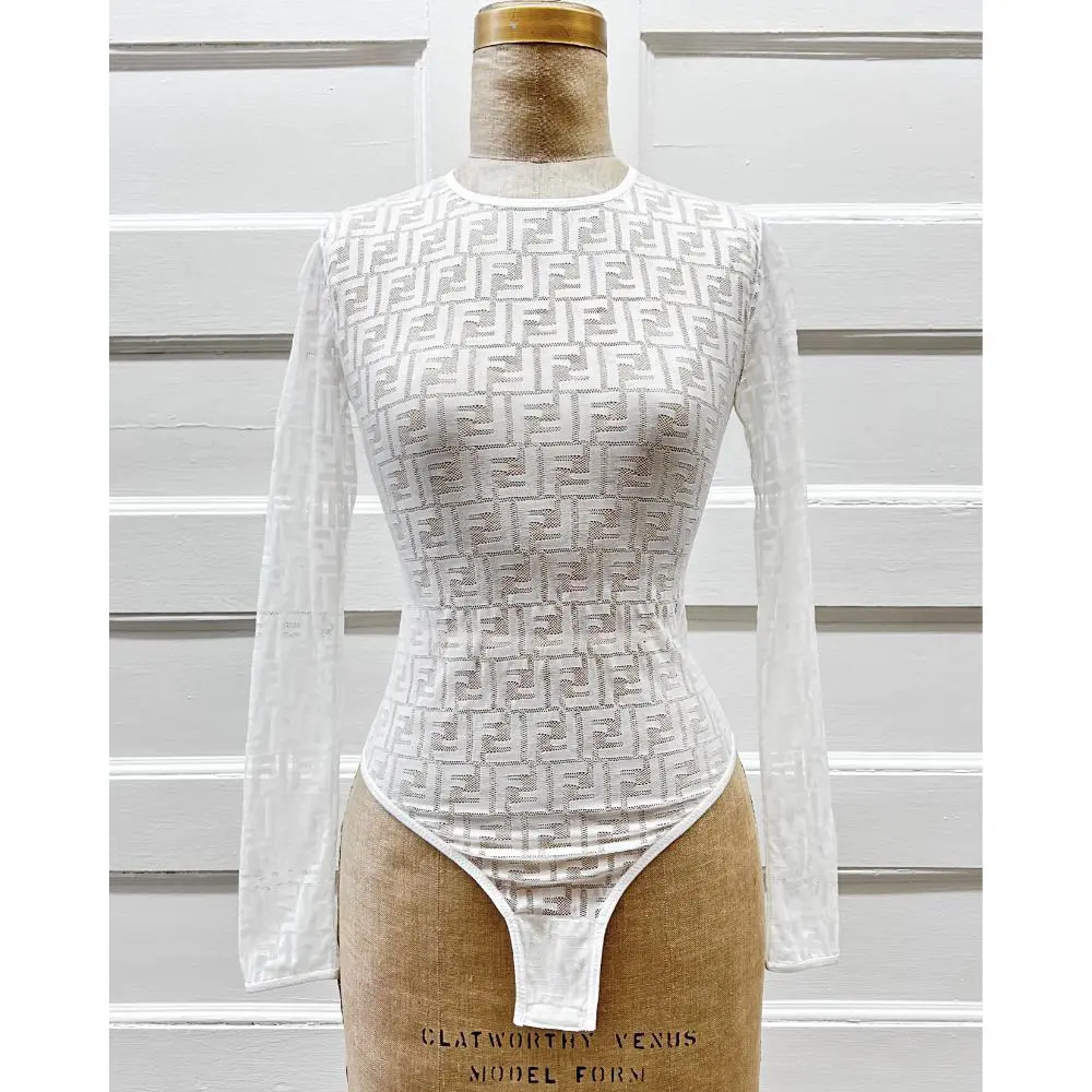 Fendi white sheer Zucca monogram bodysuit