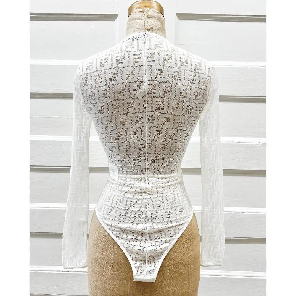 Fendi white sheer Zucca monogram bodysuit