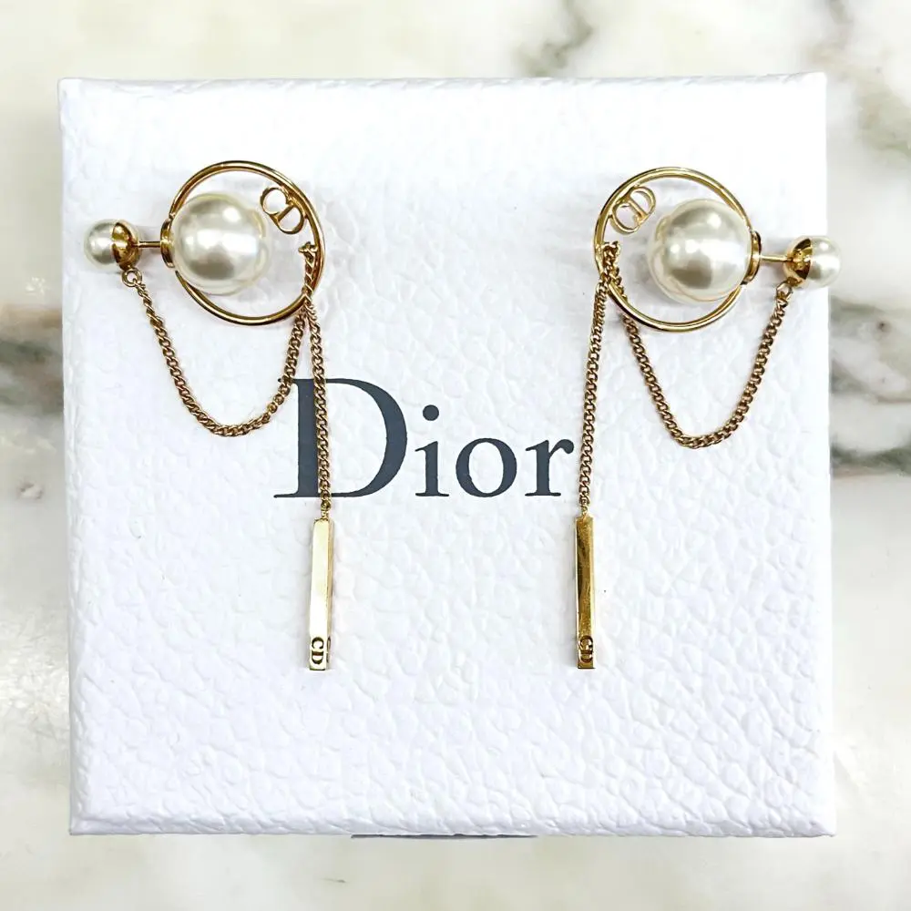 Dior pearl Tribales gold dangle chain earrings