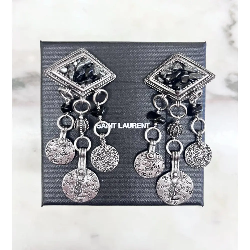 Saint Laurent Marrakech silver coin & stone dangle earrings