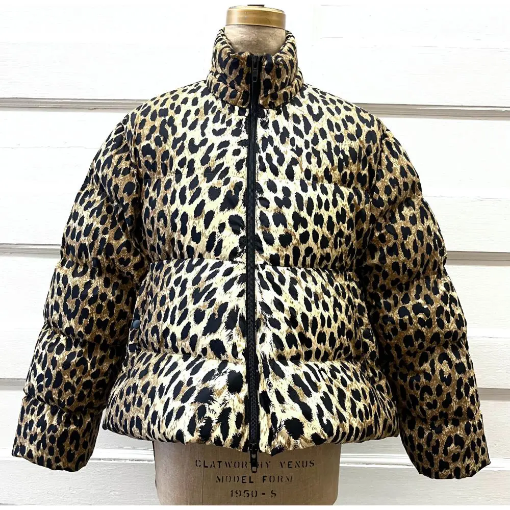 Balenciaga c-shape hooded leopard puffer coat