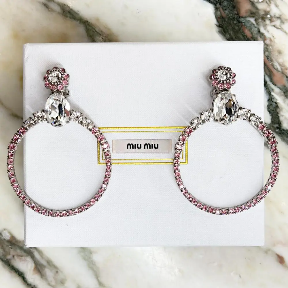 Miu Miu clear & pink crystal hoop dangle earrings