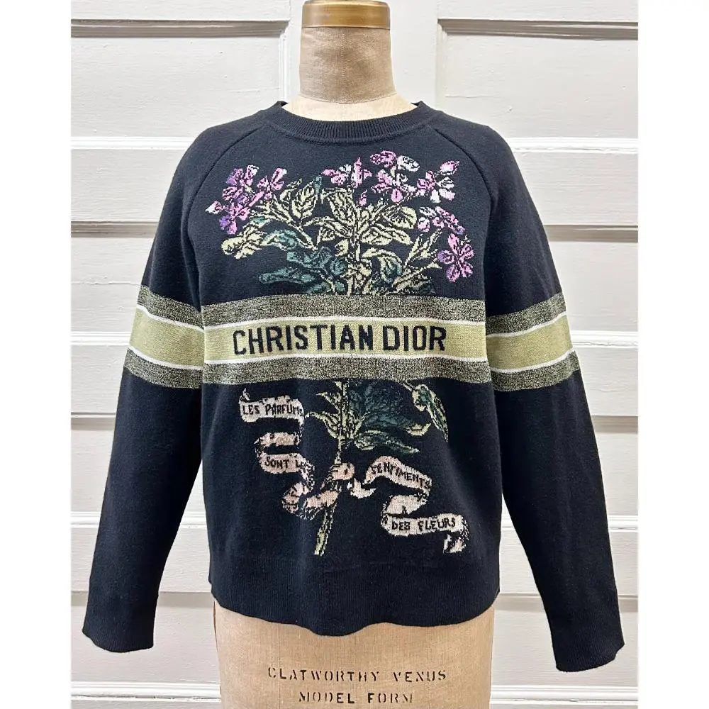 Dior black cashmere sweater w/ floral & logo intarsia