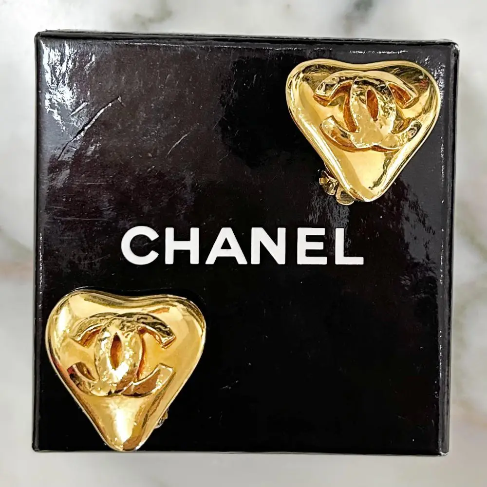 Chanel 1993 gold heart logo clip on earrings